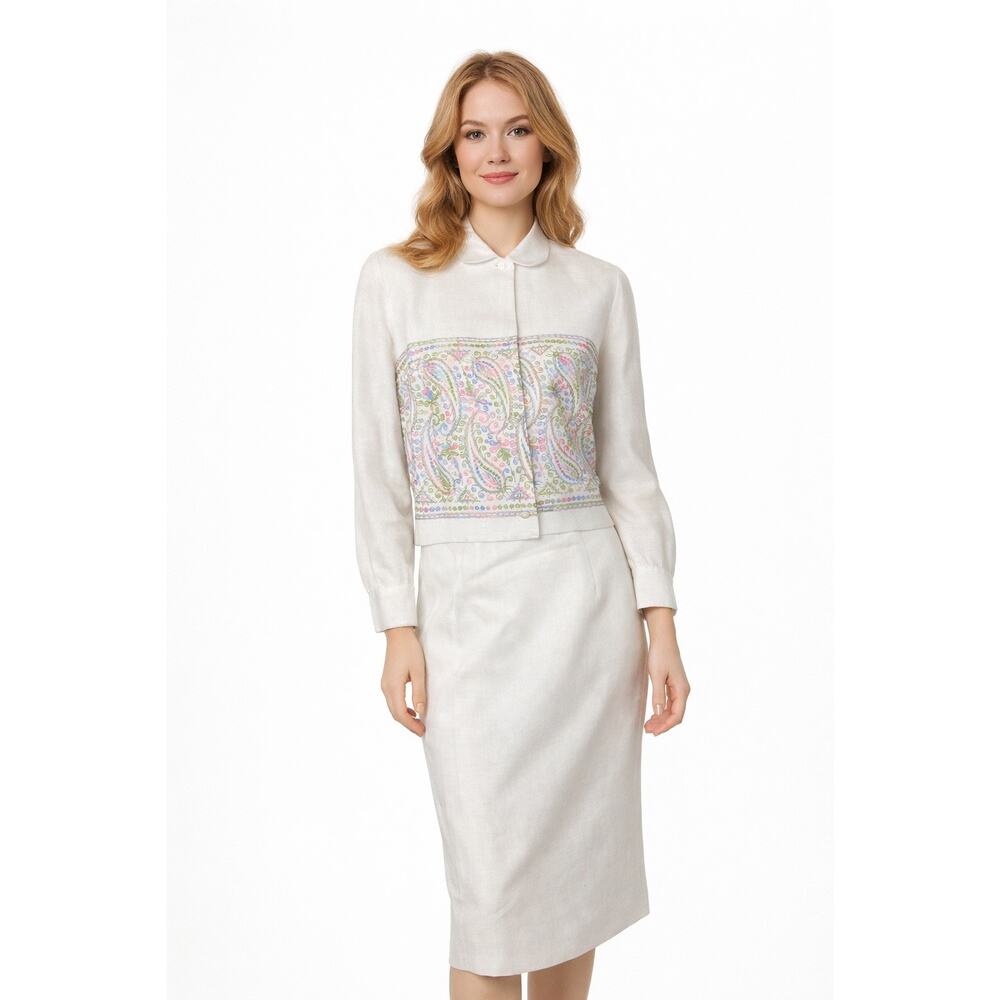 Anne Fogarty x Kassel Boutique Embroidered Linen Skirt Suit 1960s medium